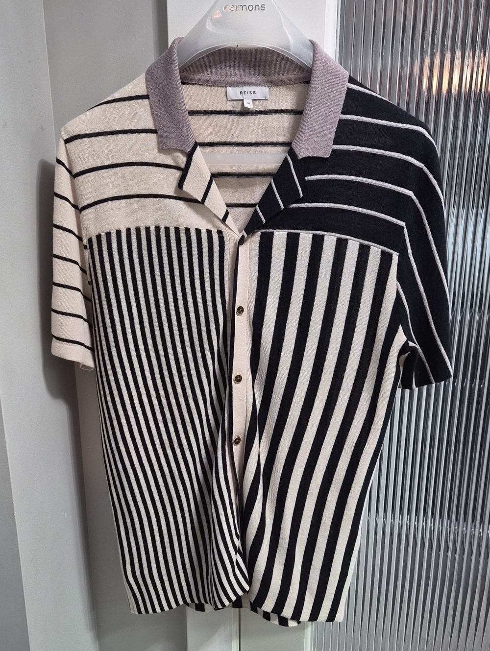 REISS Black and Cream Striped Short-Sleeve Knit Polo